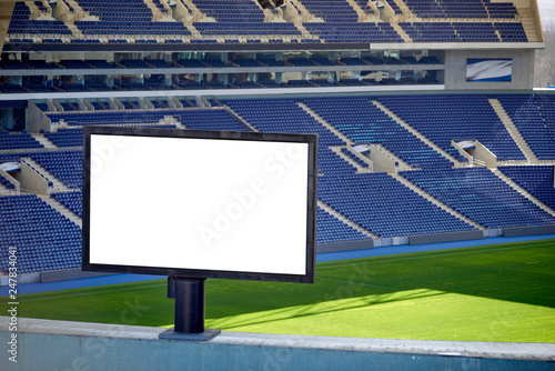 Stadium Billboard with Blank White Isolated Clipping Path, Bench in Background with Grass Field