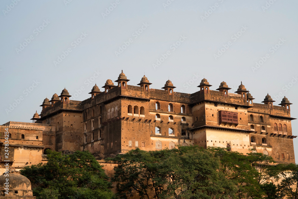 Outside view of Jahangir Mahal or Raja Palace walls Inside Orchha Fort Complex