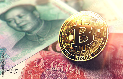 Canvas Print Bitcoin coin on Chinese Yuan bills