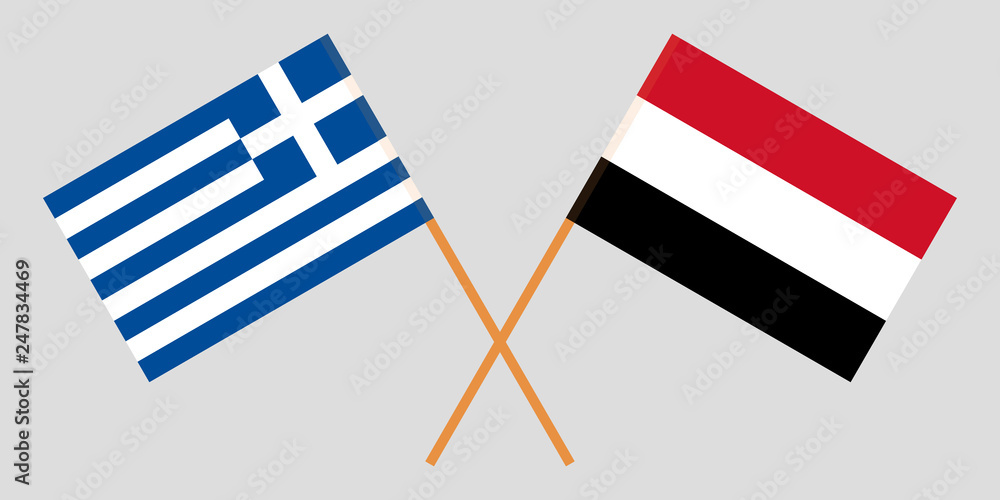 Greece and Yemen. The Greek and Yemeni flags. Official colors. Correct proportion. Vector