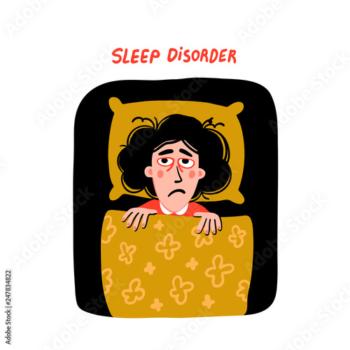 Psychology. Sleep disorder. Woman character with insomnia in bed. Sleepless female person with tired sadness face and red eyes. Doodle slyle flat vector illustration.