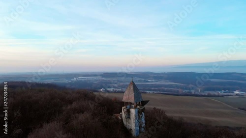 Hilltop Religious Monument In Hungary, Aerial Orbit At Sunrise On Cold Winter Morning. photo