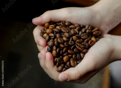 Coffee beans in hands on dark background