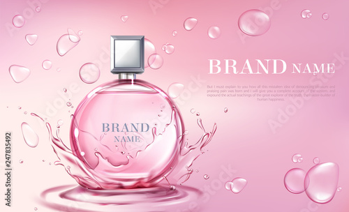 Vector 3d realistic poster, banner with perfume bottle, oil splashing or water drops. Shiny glass container with pink liquid. Cosmetic background for ad poster, promo banner. Floral essence, mock up.