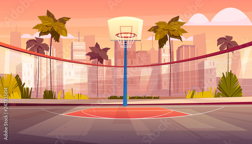 Vector cartoon background of basketball court in tropic city. Outdoor sports arena with basket for game. Street playground in town. Backdrop with green trees, palms and skyscrapers.