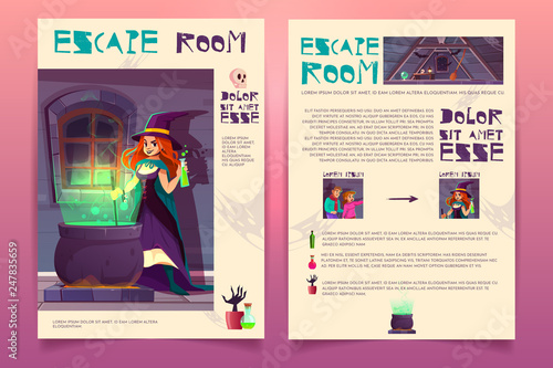 Vector brochure template with escape room from witch house. Quest game, rpg booklet for players. Information list with young people, magic sorceress and cat. Banners isolated on bright background.