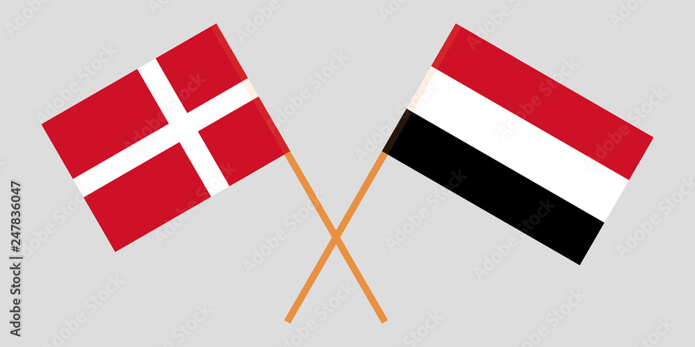 Yemen and Denmark. The Yemeni and Danish flags. Official colors. Correct proportion. Vector