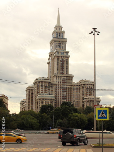 Moscow / Russia – Modern skyscraper Triumph Palace on the Sokol - summer day view from Leningradsky avenue