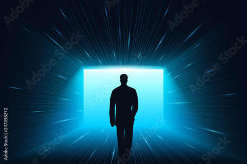 Man in light vitual lines room