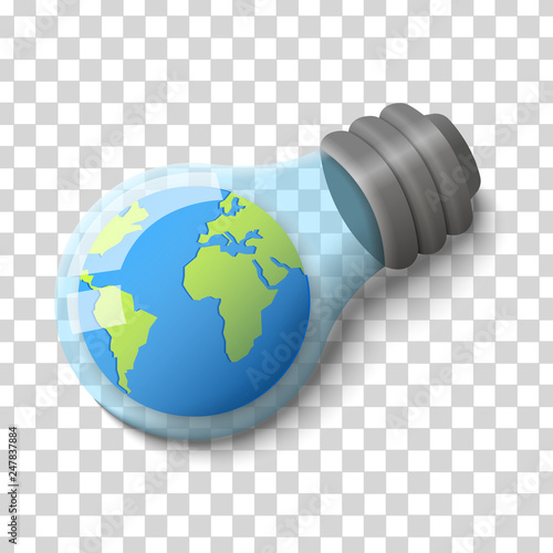 Concept earth hour save energy. Planet earth in a light bulb isometric on transparent background. 