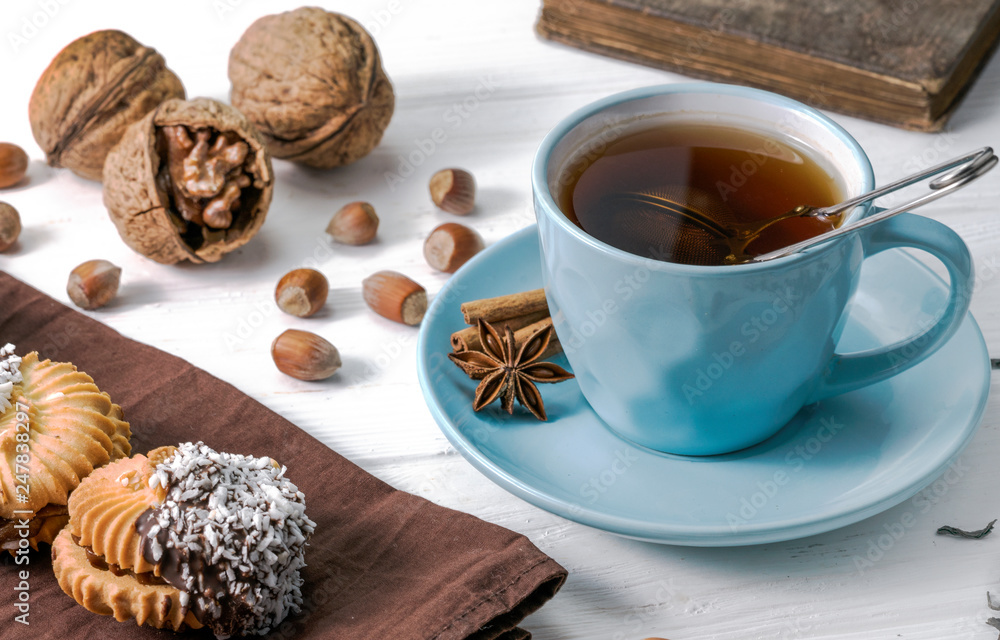 Tea with cookies on wooden background Tea with cookies on wooden background