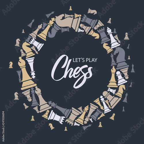 Print with chess pieces of wreath. Design lets play chess.