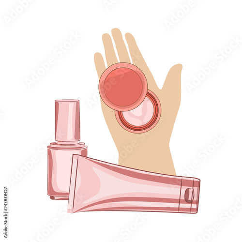 Web banner with woman hand and Korean cosmetics set in flat style