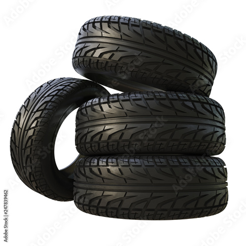 Group black tires, isolated © cherezoff