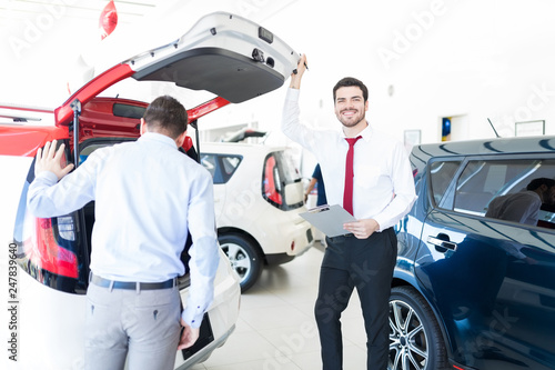 Confident Dealer With Buyer Examining Car