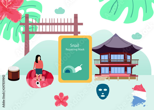 Web banner with Korean cosmetic in flat style