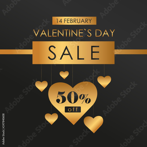Discount Valentine's Day vector stock poster on a dark background with golden decor and hearts.