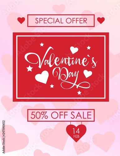 Discount Valentine's Day stock vector poster. Beautiful font composition with hearts and stars for Valentine's Day with pink hearts on the background.