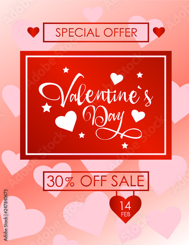 Discount Valentine's Day stock vector poster. Beautiful font composition for Valentine's Day with pink hearts on the background.