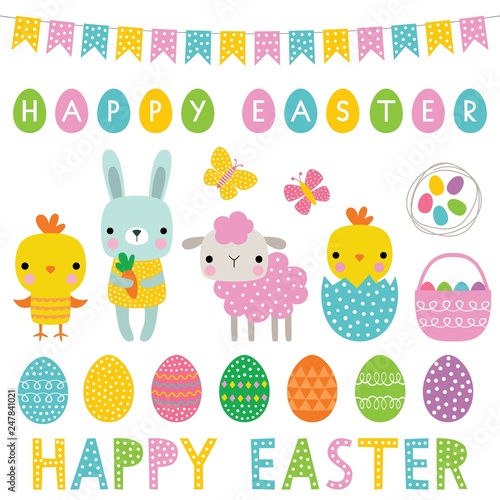 Cute cartoon Easter characters set