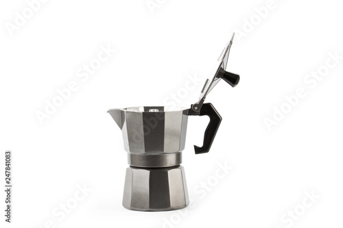 Moka coffee pot. Metal italian espresso maker isolated photo