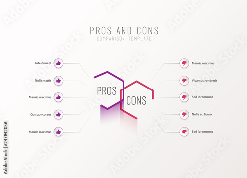 Pros and Cons comparison vector template light vector template with pink and purple hexagons and circles and place for your comparison text.