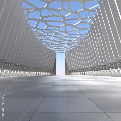 Empty floor in abstract modern architecture. 3D illustration. 3D rendering.