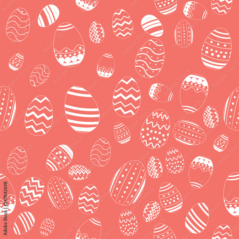 Decorative Draw Easter Eggs Seamless Pattern Vector on Living Coral Color Background