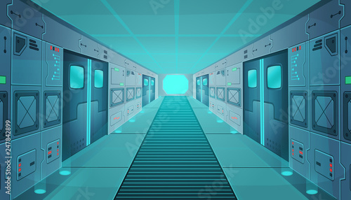 Corridor in a spaceship.Vector cartoon background interior room sci-fi spaceship. Background for games and mobile applications.
