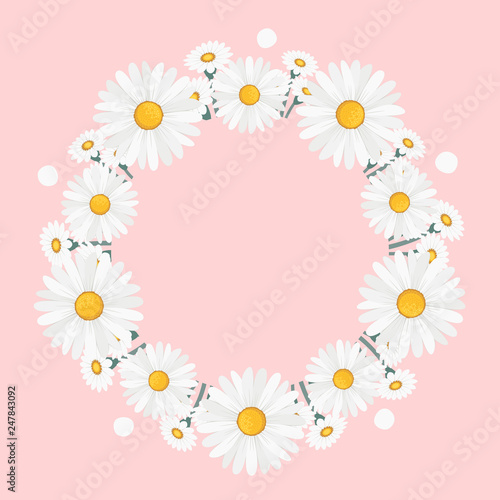 Floral greeting card and invitation template for wedding or birthday anniversary, Vector circle shape of text box label and frame, Chamomile flowers wreath ivy style with branch and leaves. © Kobsoft