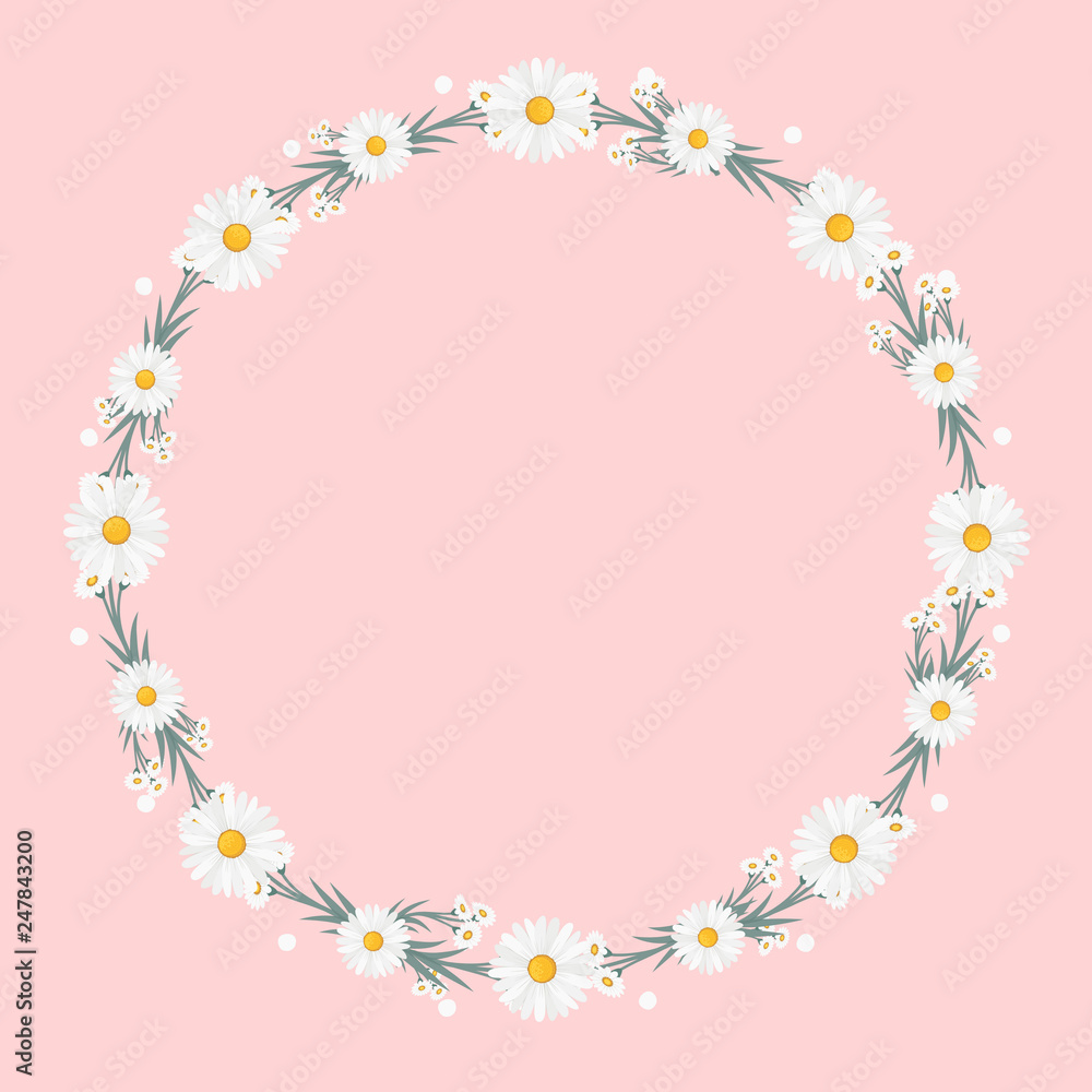 Floral greeting card and invitation template for wedding or birthday anniversary, Vector circle shape of text box label and frame, Chamomile flowers wreath ivy style with branch and leaves.
