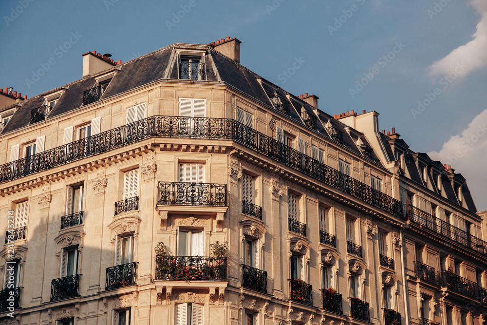 Facade of Parisian building, France.