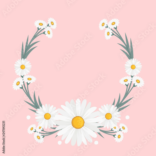 Floral greeting card and invitation template for wedding or birthday anniversary  Vector circle shape of text box label and frame  Chamomile flowers wreath ivy style with branch and leaves.