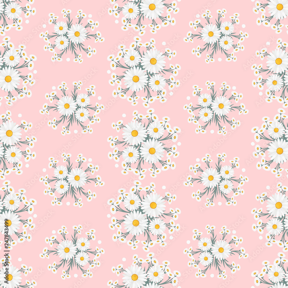 Floral vector artwork for apparel and fashion fabrics, Chamomile flowers wreath ivy style with branch and leaves. Seamless patterns background.