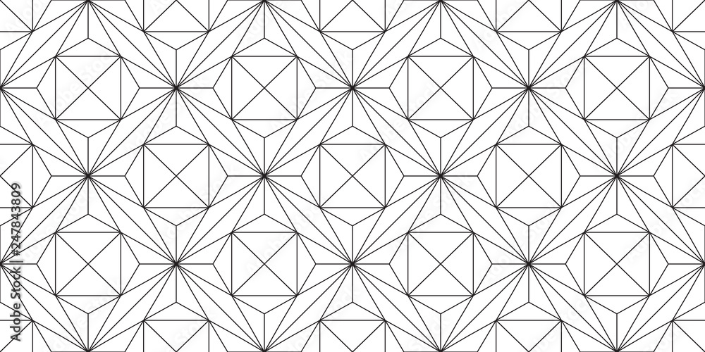 Seamless stars, geometric pattern of the thin straight lines, grid of fine black lines on a white background, crystal structure.