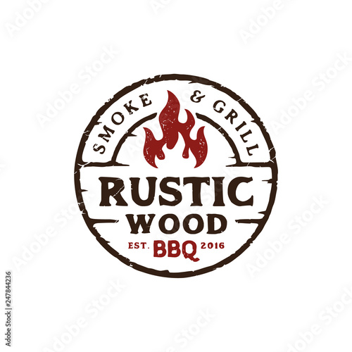 Fire Flame Vintage Retro Rustic BBQ Grill, Barbecue, Barbeque Label Stamp Logo design vector