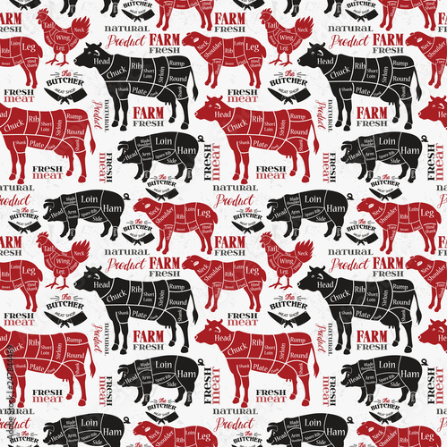 Meat cuts. Diagrams for butcher shop. Animal silhouette. Vector illustration. Seamless pattern.