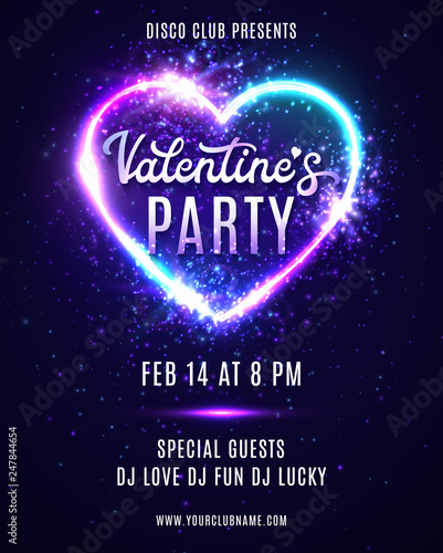 Valentine's Day party poster design template for flyers banners. Abstract heart background with neon light. Disco dance love vertical card with electric heart shape frame. Bright vector illustration.