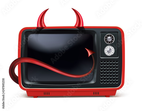 Retro devils TV, vintage television isolated on white. Realistic creative Vector 3d illustration