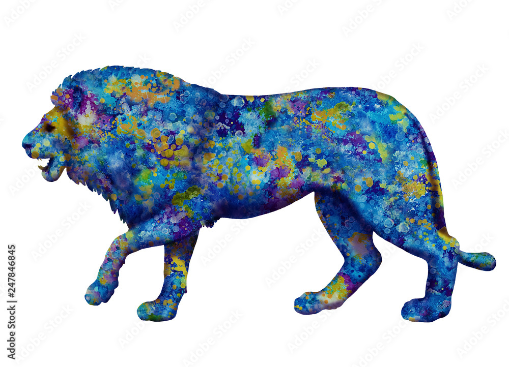 Obraz premium Isolated drawing - lion covered with colorful abstract spots