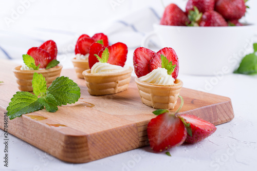 Sweet homemade healthy dessert with cream cheese and strawberries