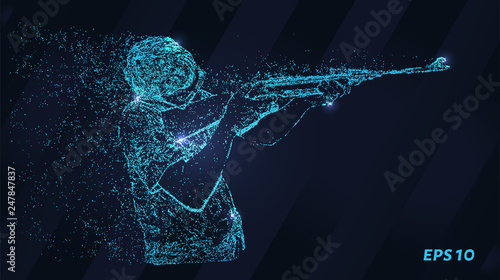 Particle shooter on a dark background. A man with a rifle of circles and dots.