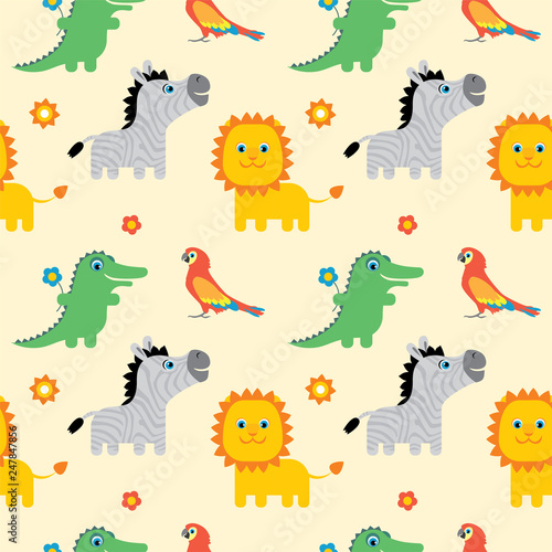 Seamless pattern with cute cartoon african animals. Zebra  parrot  crocodile  lion. Vector illustration in childrens style.