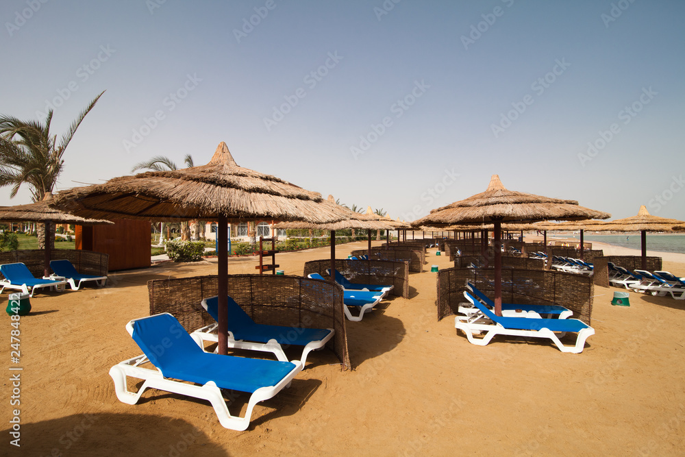 rows of sun loungers on the sandy beach under straw umbrellas