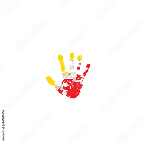 Bhutan flag and hand on white background. Vector illustration