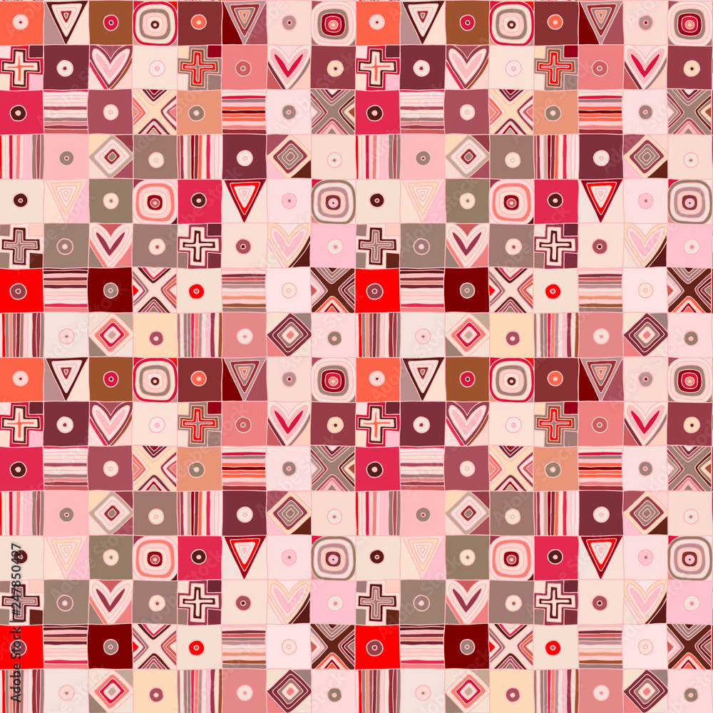 Seamless vector pattern. Textured geometrical drawn background with figures, squares, circle, dots lines, rectangles. Print for background, wallpaper, packaging wrapping fabric Graphic abstract design
