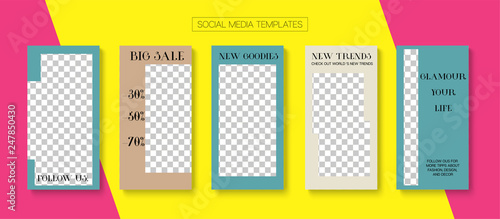 Editable Stories Minimal Vector Layout. Social Media Like and Share, Trends, Sale -50 Photo Frames Kit. Sale Insta Stories Layout