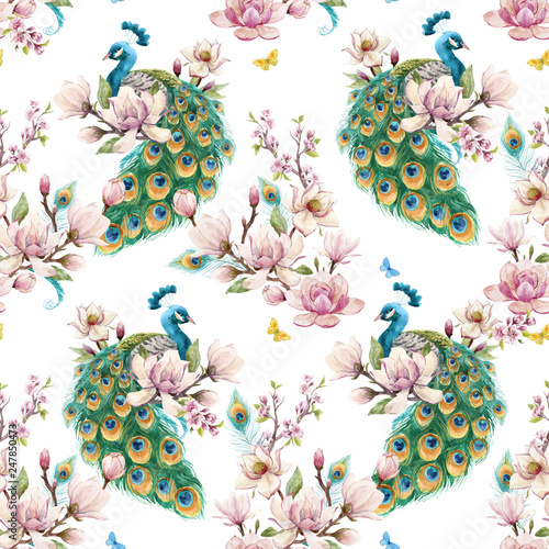 Watercolor peacock vector pattern