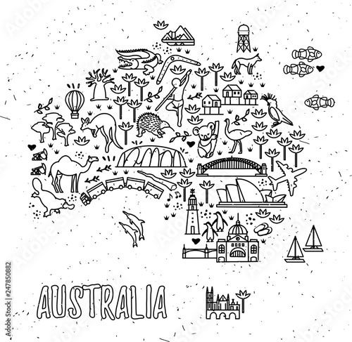 Map of the Australia and Travel Icons. Australia Travel Line Icons Map.