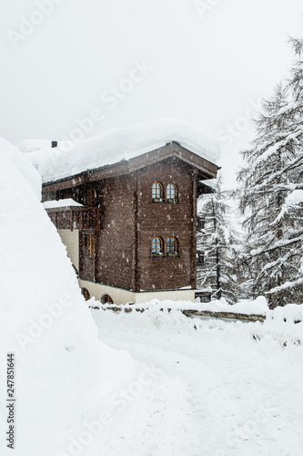 Wallpaper Mural Winter view of old grunge alpine chalet under heavy snow and pine trees in background Torontodigital.ca